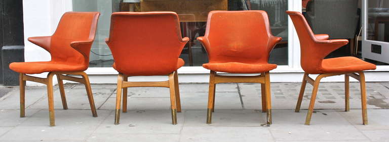 Four chairs designed by Ilmari Tapiovaara for his Marski hotel in central Helsinki. Only ever made for the hotel, this "Lulu" chair and the larger "Dumbo" chair are only rarely seen on the market. All in the original upholstery.