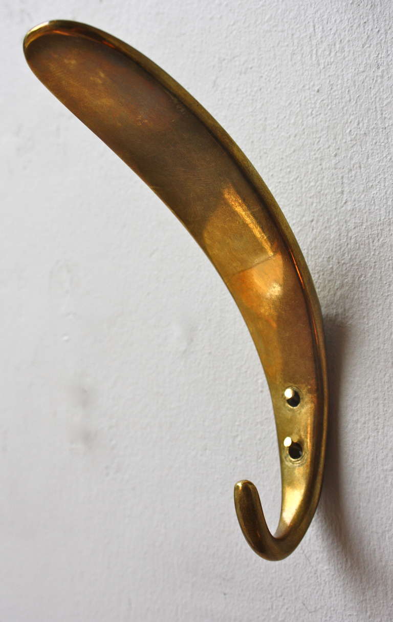 Austrian Set of Six Sculptural Feather Brass Hooks by Carl Auböck