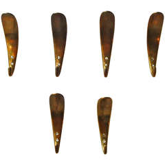 Set of Six Sculptural Feather Brass Hooks by Carl Auböck