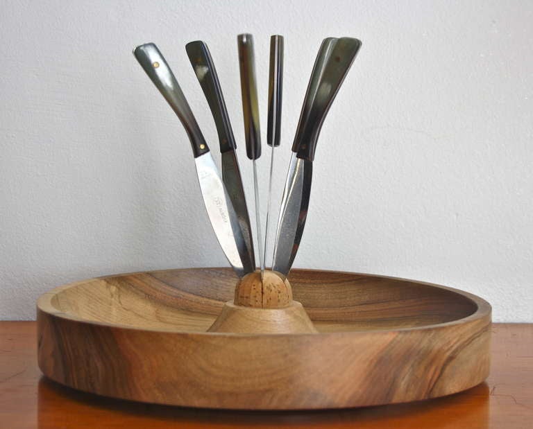 Large rarely seen shape turned fruitbowl by Carl Aubock. Original horn and steel knives fixed in the centre of the bowl . All in superb condition.