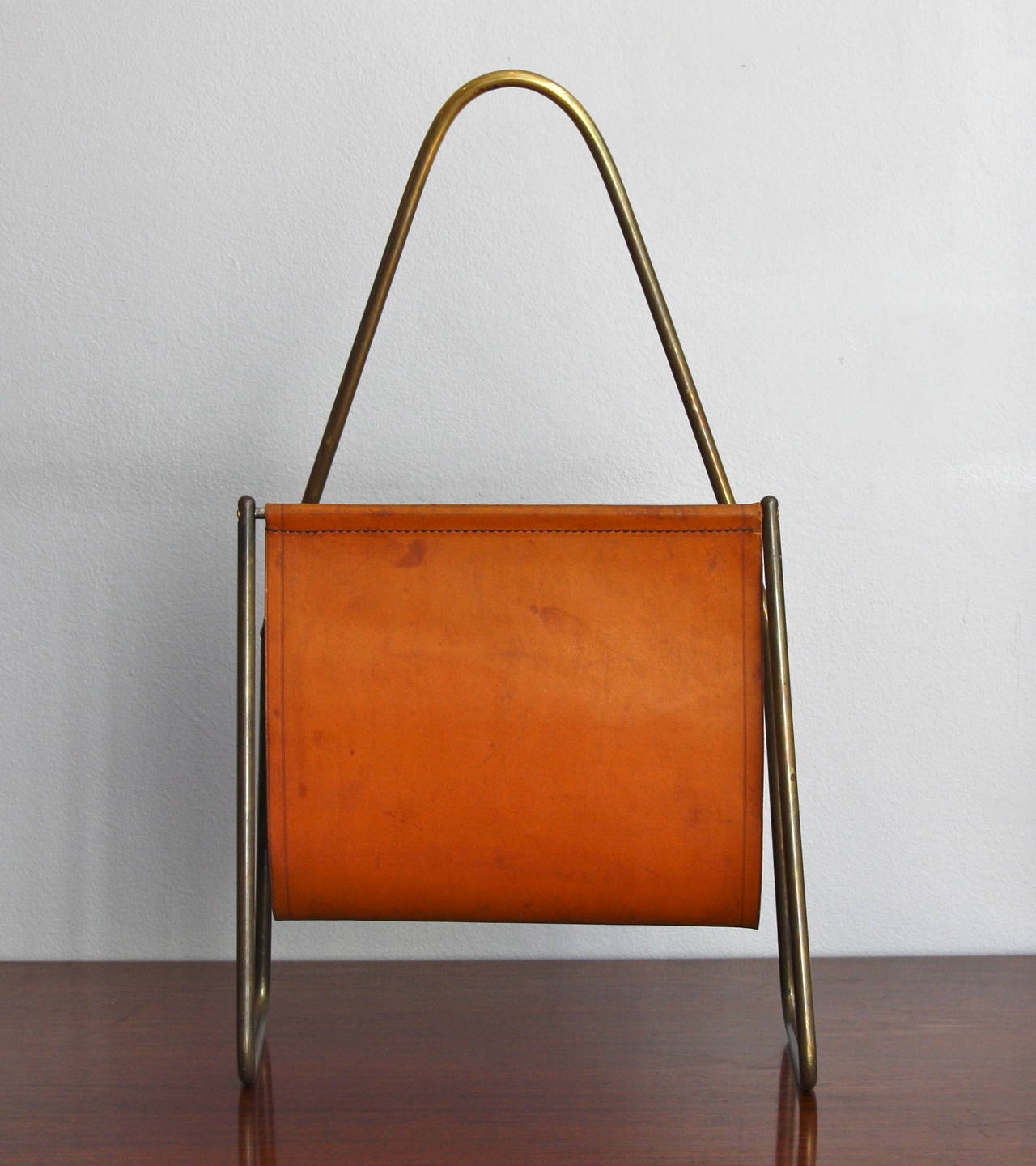 Carl Auböck Cognac Leather and Brass Magazine Holder In Excellent Condition In London, GB