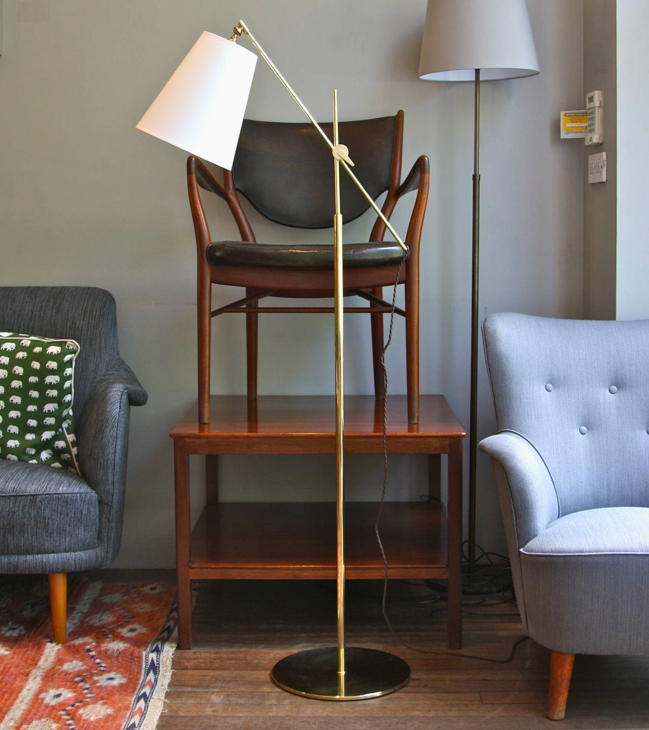 An extremely versatile brass floor lights made by the famous Danish light manufacture Le Klint. Elegant and very adjustable, this floor light can be directed to suit a variety of functions. beautifully executed and brought up to date with new wiring