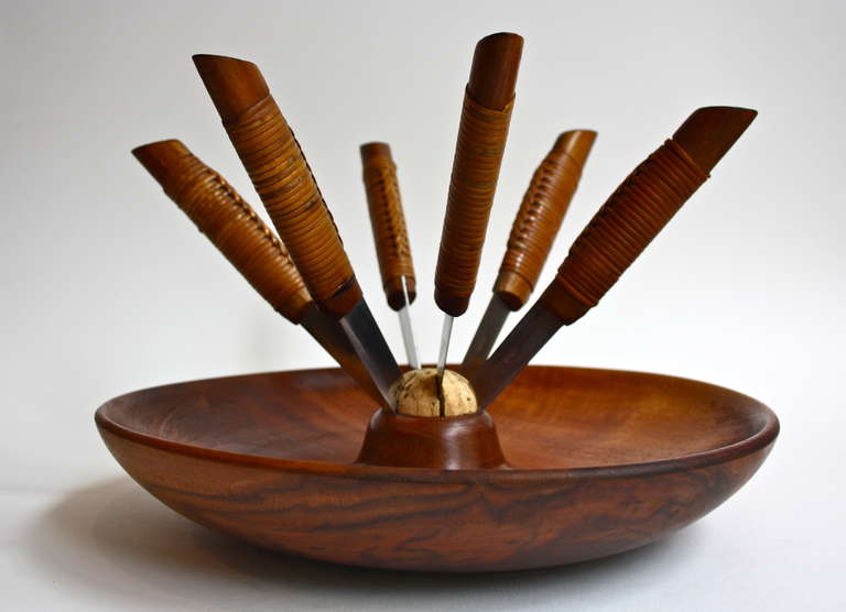 Large fruitwood bowl with six knives from the famed Vienna workshop . Great condition and patina