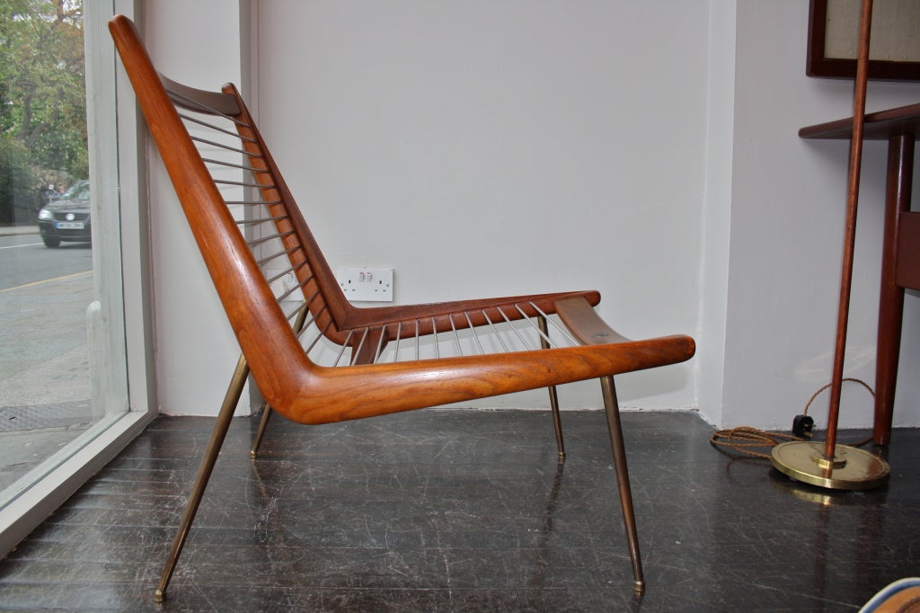 Teak and brass chair designed by Orla Moelgaard and Peter Hvidt for France & Soen. Great condition with new upholstery