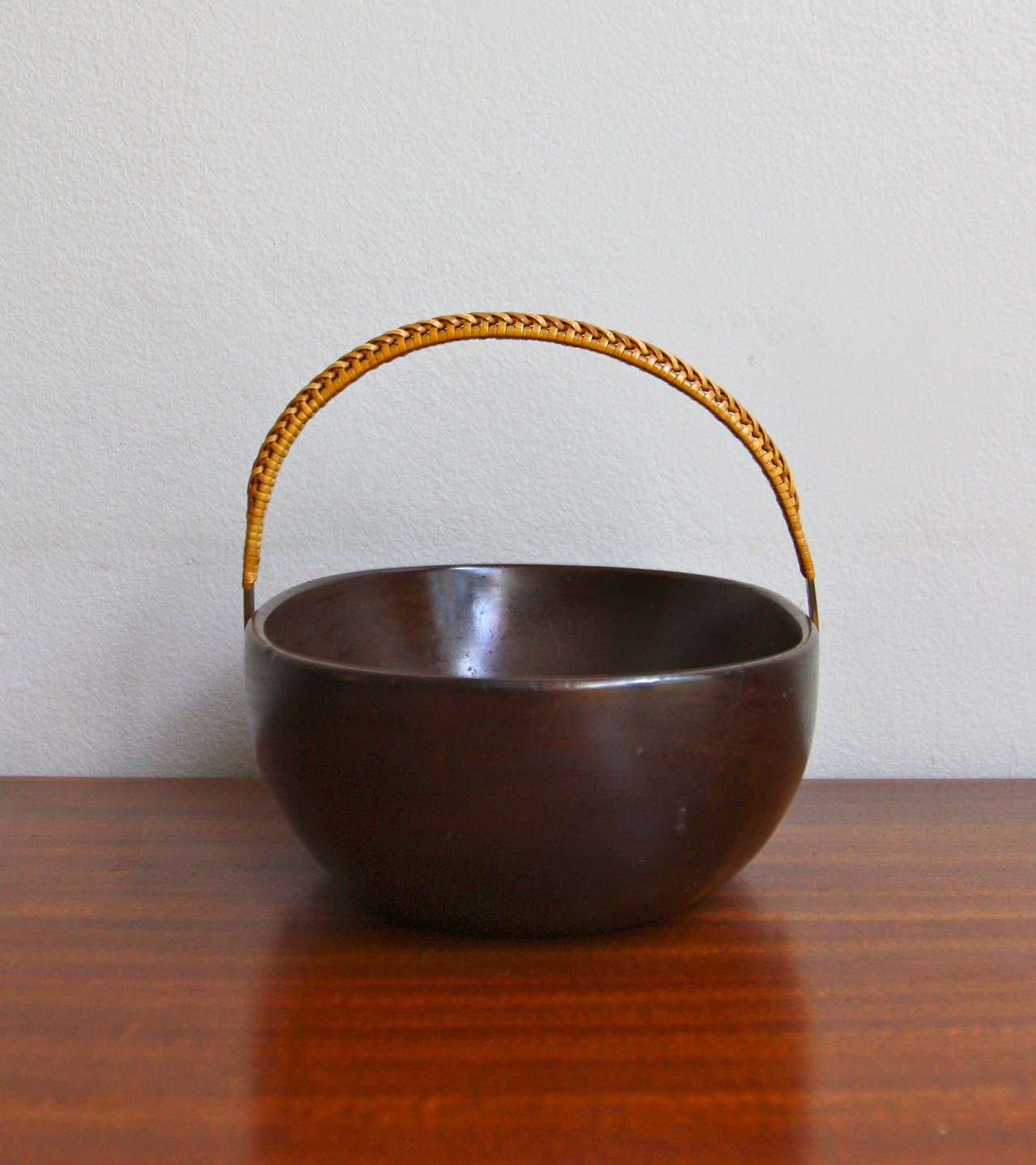 Austrian Carl Auböck Large Bowl with Brass and Wicker Handle