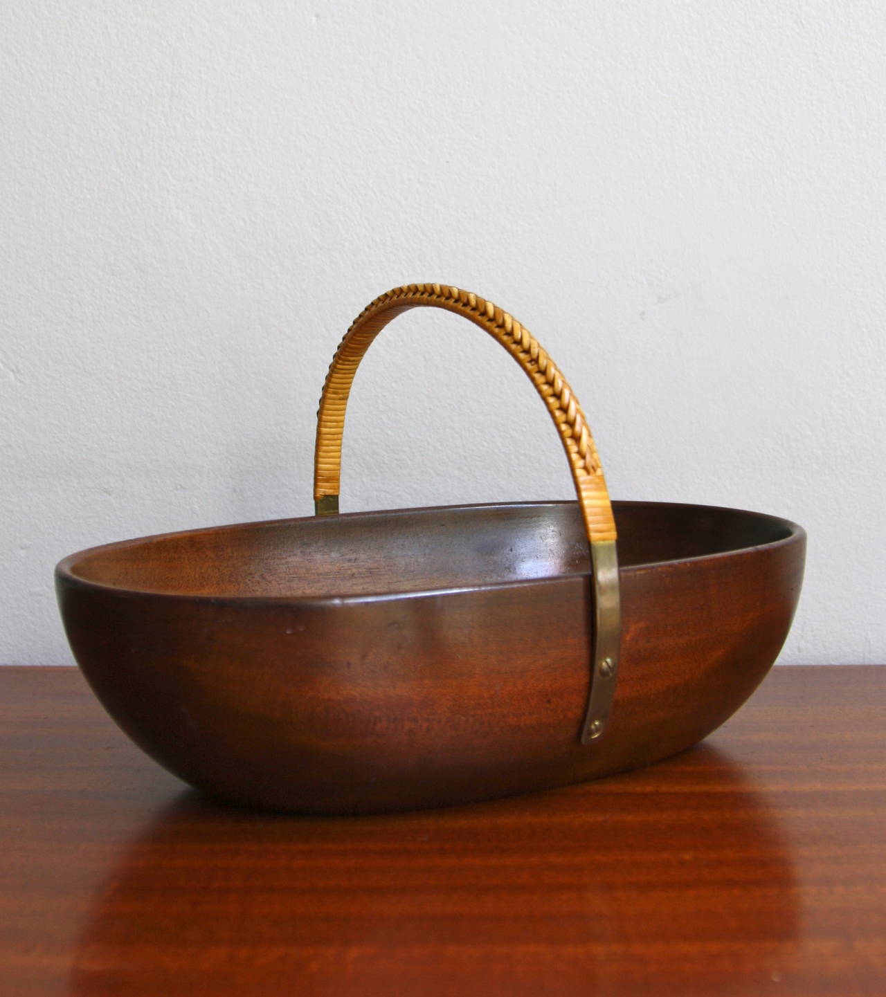 Modern Carl Auböck Large Bowl with Brass and Wicker Handle