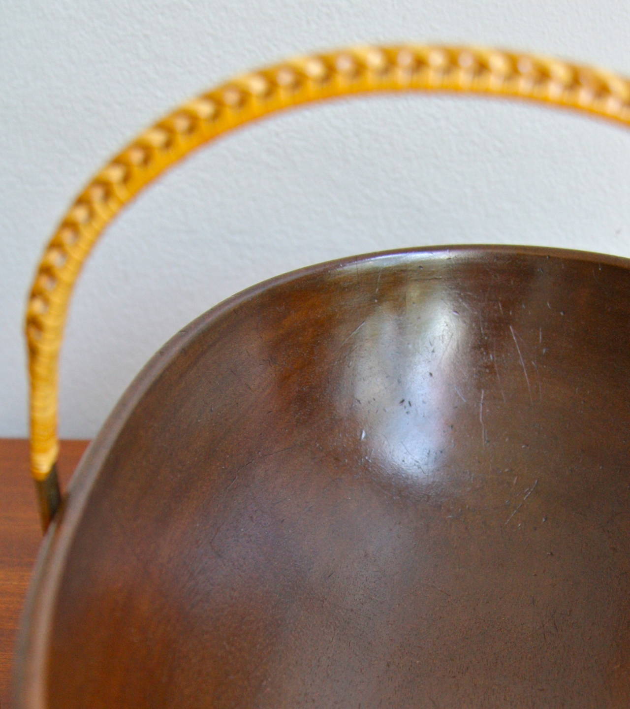 Carl Auböck Large Bowl with Brass and Wicker Handle In Excellent Condition In London, GB