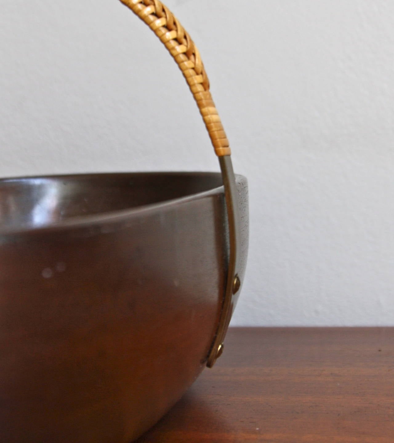 Mid-20th Century Carl Auböck Large Bowl with Brass and Wicker Handle