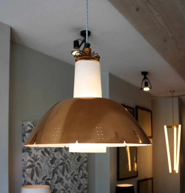 Copper and Opaline pendant light made by Taito Oy
