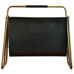 Large Black Leather and Brass Magazine Holder by Carl Aubock