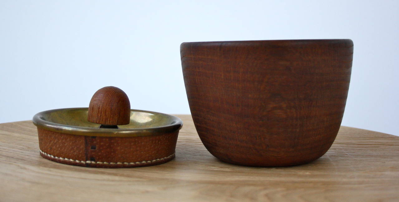 Austrian Carl Aubock Walnut Tobacco Pot with a Leather and Brass Lid