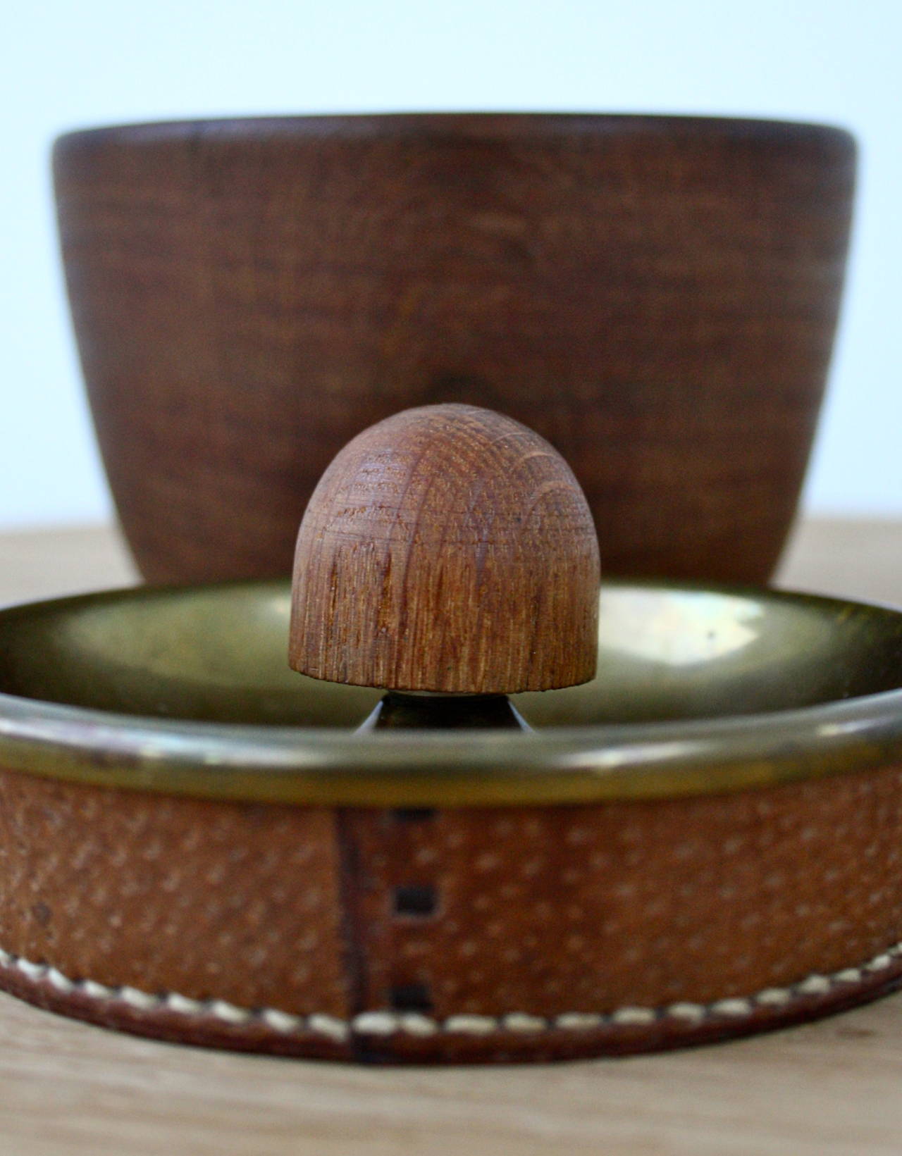 Carl Aubock Walnut Tobacco Pot with a Leather and Brass Lid In Excellent Condition In London, GB