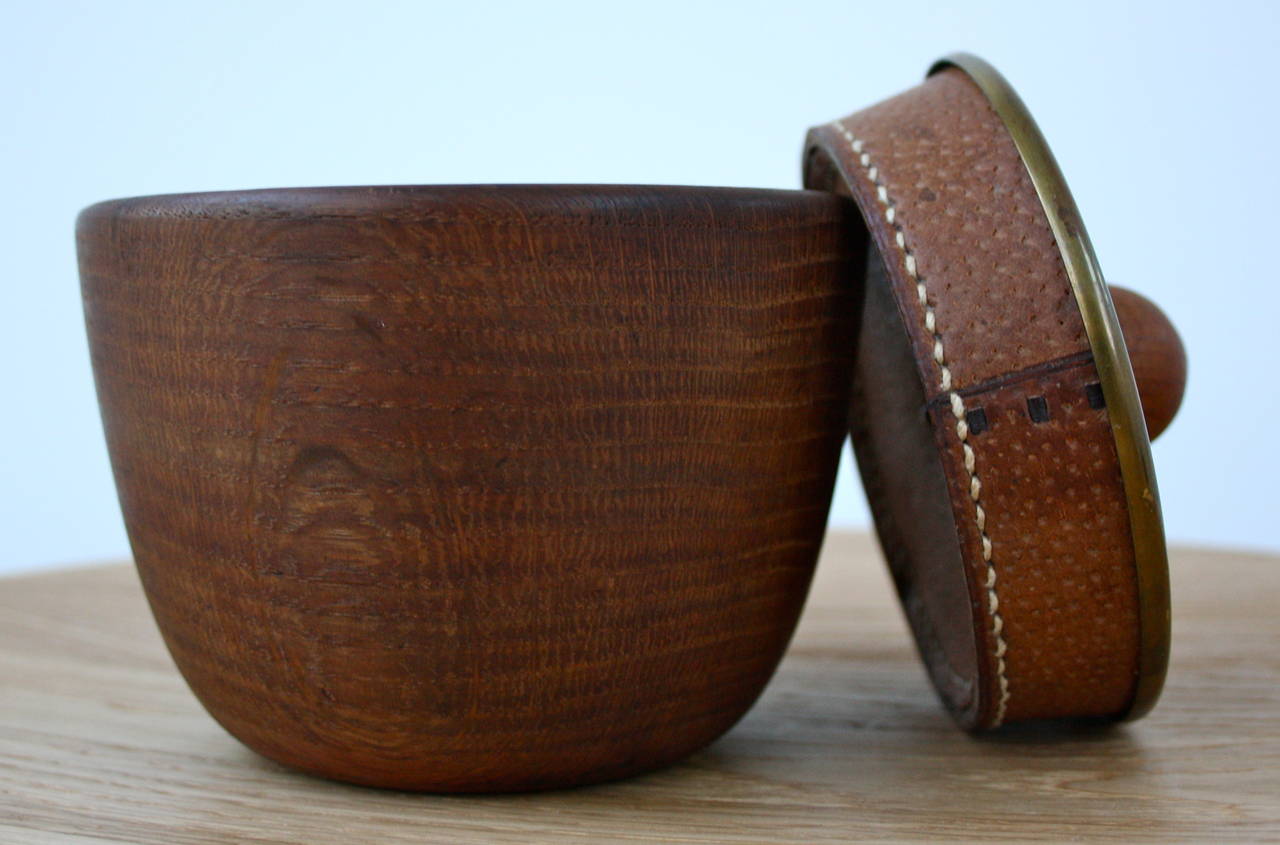 Mid-20th Century Carl Aubock Walnut Tobacco Pot with a Leather and Brass Lid