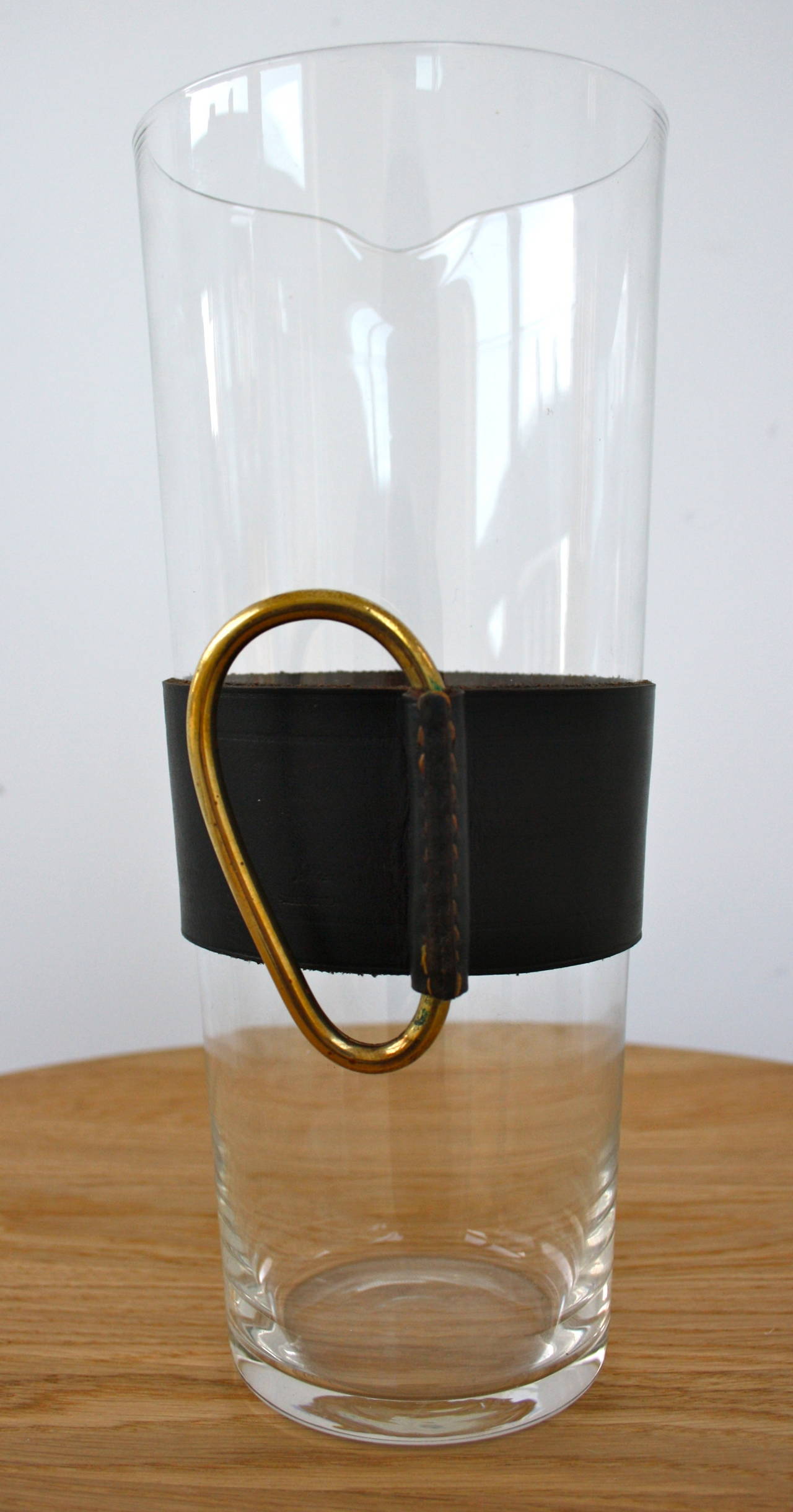 Carl Aubock Large Glass Jug with a Leather Sleeve and a Brass Handle In Good Condition In London, GB