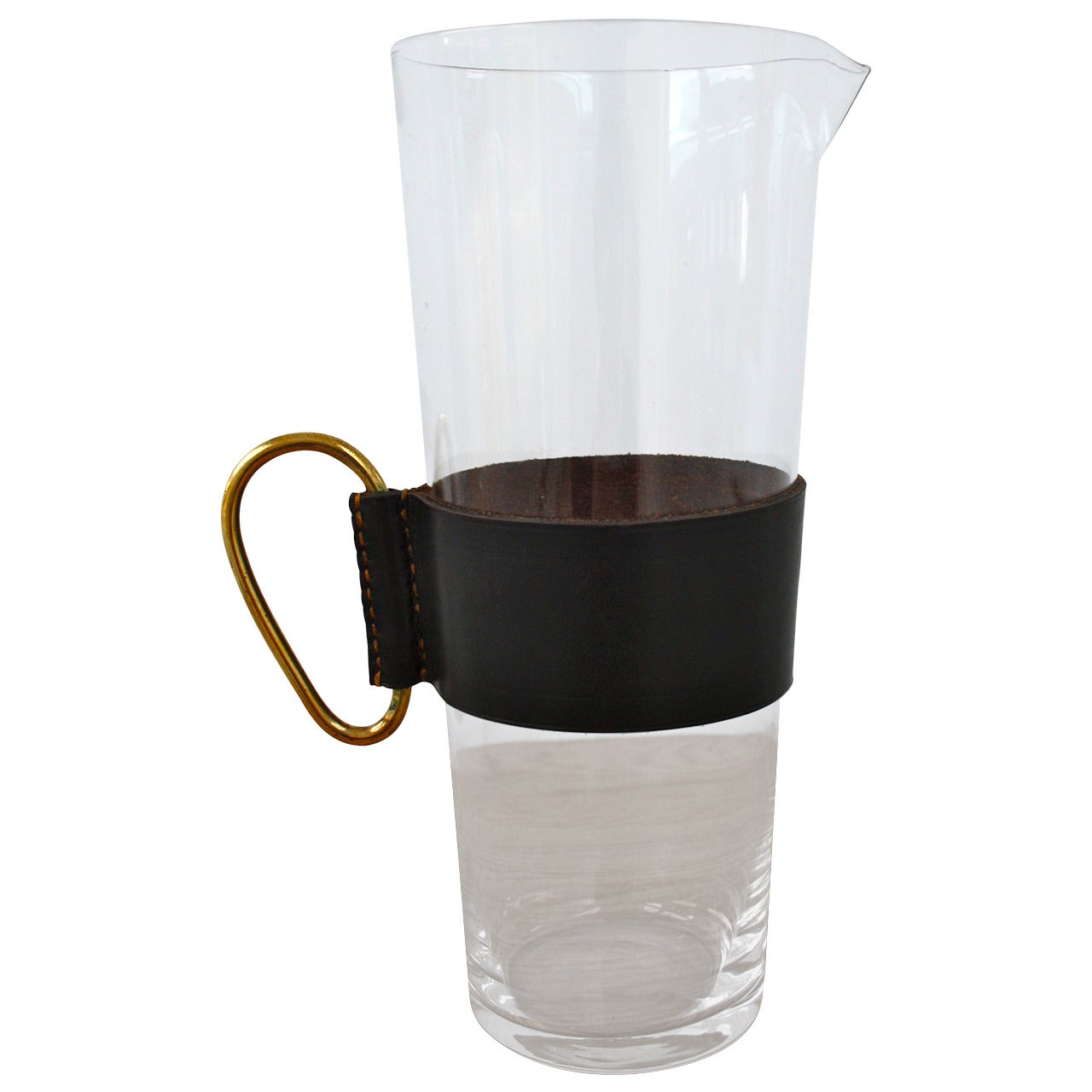 Carl Aubock Large Glass Jug with a Leather Sleeve and a Brass Handle