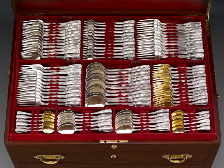 A beautiful 177-piece <em>St. Dunstan</em> antique sterling flatware service for 12 by the incomparable Tiffany & Co. This classic Art Deco design is named for St. Dunstan, the patron saint of gold and silversmiths. It exhibits a subtle elegance,