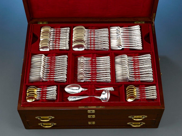 This magnificent, 220-piece silver flatware service for 12 by Tiffany & Co. displays the enchanting <em>Winthrop</em> pattern. Introduced by Tiffany & Co. in 1909, <em>Winthrop</em> is beautifully styled and remains one of the company’s most