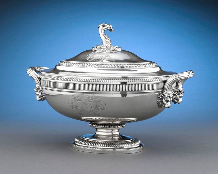 This extraordinary presentation silver soup tureen by Paul Storr is a striking example of Georgian craftsmanship by the legendary silversmith. Executed in a distinguished Neoclassical form, this tureen was created for Sir Richard Carr Glyn, 1st
