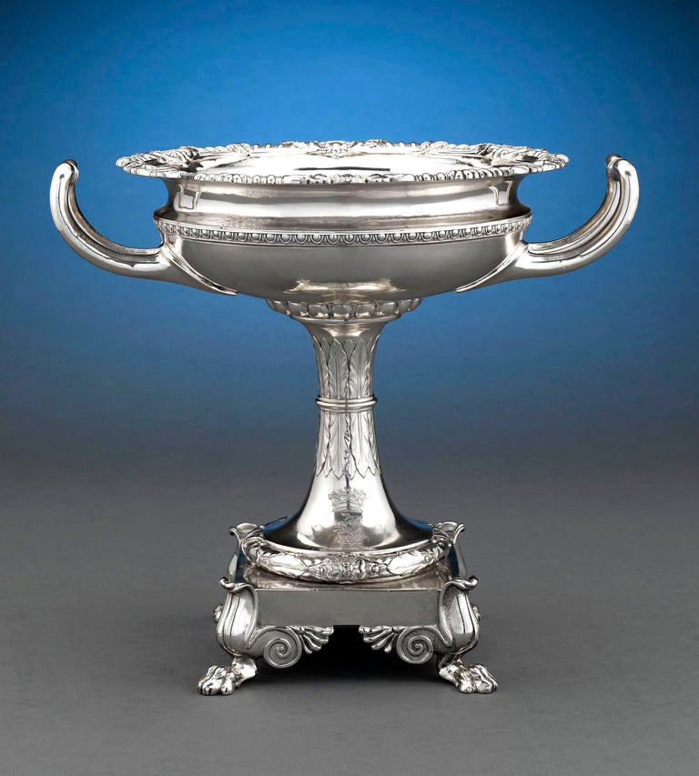 This remarkable pair of silver dessert compotes embodies the timeless genius of master Paul Storr. Bearing the engraved crest, marital arms and motto, 