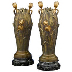 Pair Art Nouveau Bronze Vases signed Abel