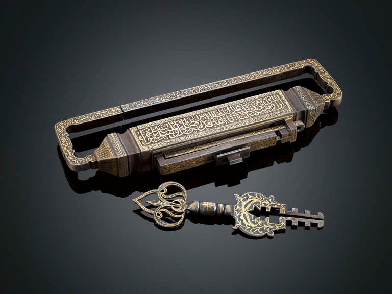 This large and incredibly ornate inlaid gilt bronze lock and key was made for and almost certainly used to lock the entrance to a harem in a wealthy Ottoman noblemanâ??s home. A lock and key of such extraordinary artistry and technical brilliance is