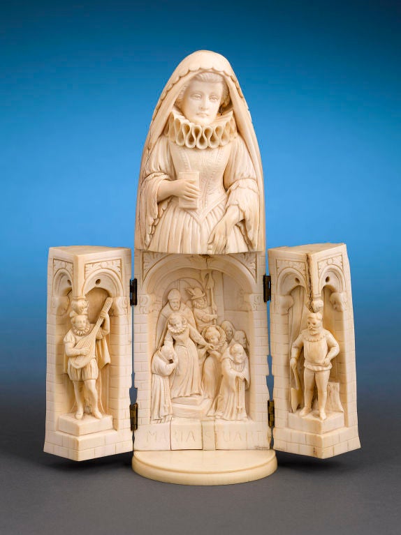 This stunning ivory triptych takes the form of the controversial royal figure, Mary, Queen of Scots. Cousin to Queen Elizabeth I, Mary was considered to be the rightful Queen of England by those who saw Elizabeth as illegitimate. Unfortunately,