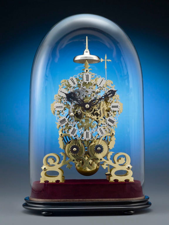 This astounding Victorian skeleton clock is a stellar example of the best in English clock making. Attributed to John Smith & Sons of Clerkenwell, London, this brass two-train timepiece boasts the most intricately crafted design of any skeleton
