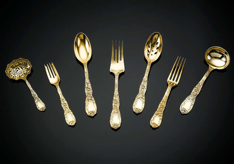 19th Century Tiffany Chrysanthemum Flatware Service in Boulle Chest, 127 Piece