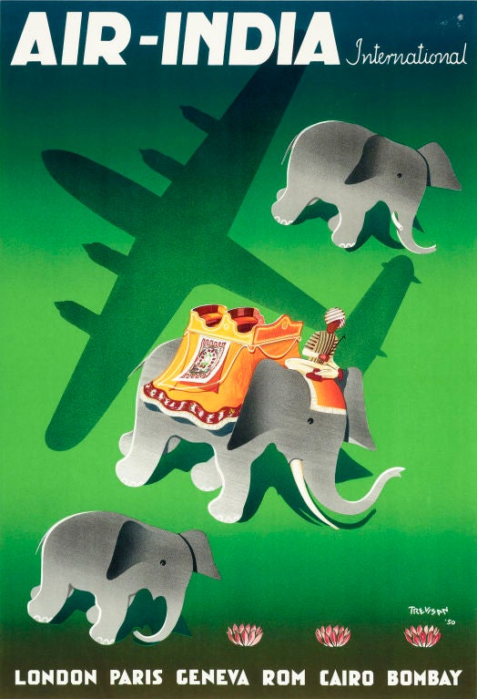 Majestic elephants grace this vintage Air India lithographic travel poster. Created by Trevisan, this poster's boldly graphic design exhibits eye-catching elegance, subtly combining traditional and modern ways of travel. Posters were the most