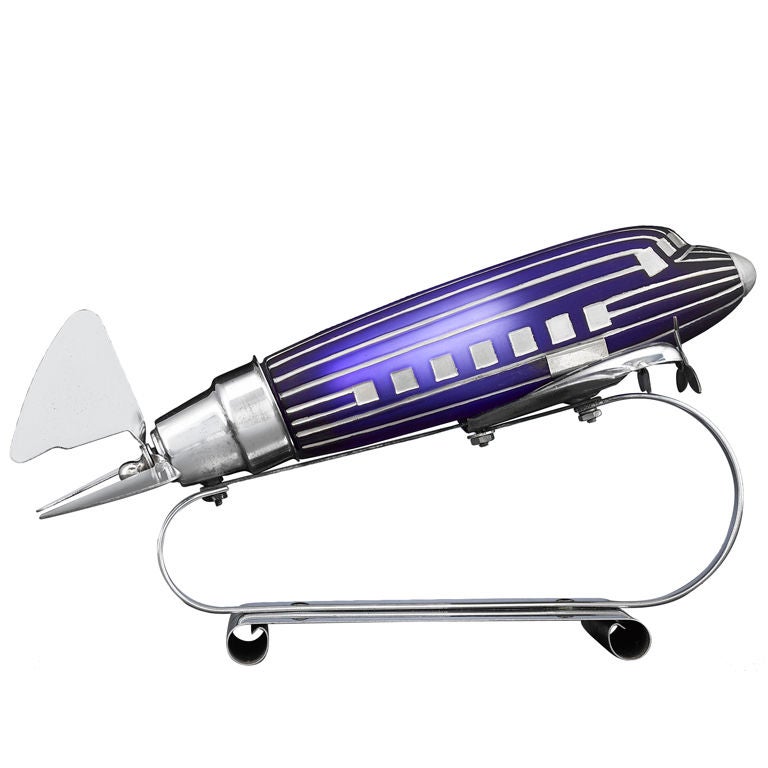 Art Deco Cobalt Glass & Chrome Airplane Lamp