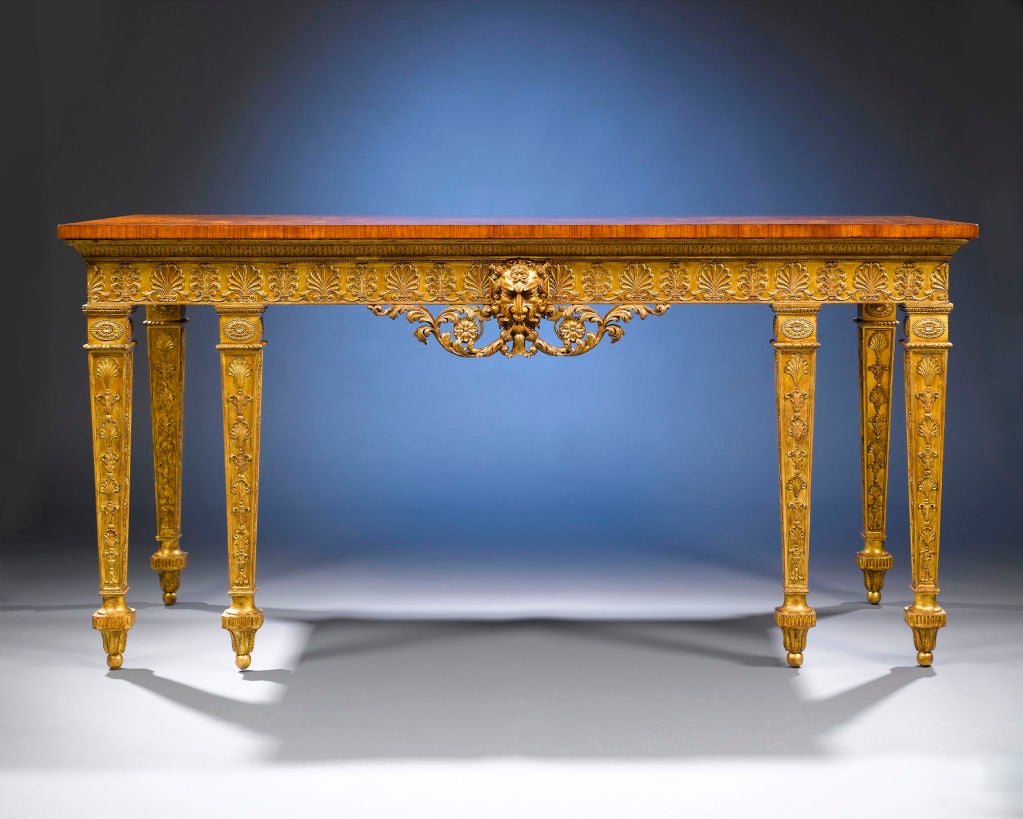 This important George III-period gilt and satinwood console table is considered so superior for its type, that it was showcased at the 1967 Art Treasures Exhibition held by the National Antique and Art Dealers Association of America. This marvel of