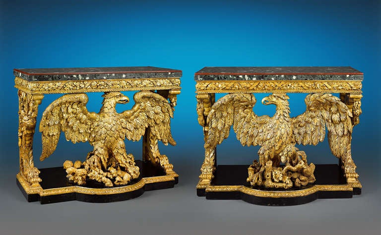 This outstanding pair of George II-period console tables is a tour-de-force of Georgian design. Crafted in the manner of the great William Kent, these tables were owned by the Earl of Kinnoull, possibly Thomas Robert, the eleventh earl, and almost
