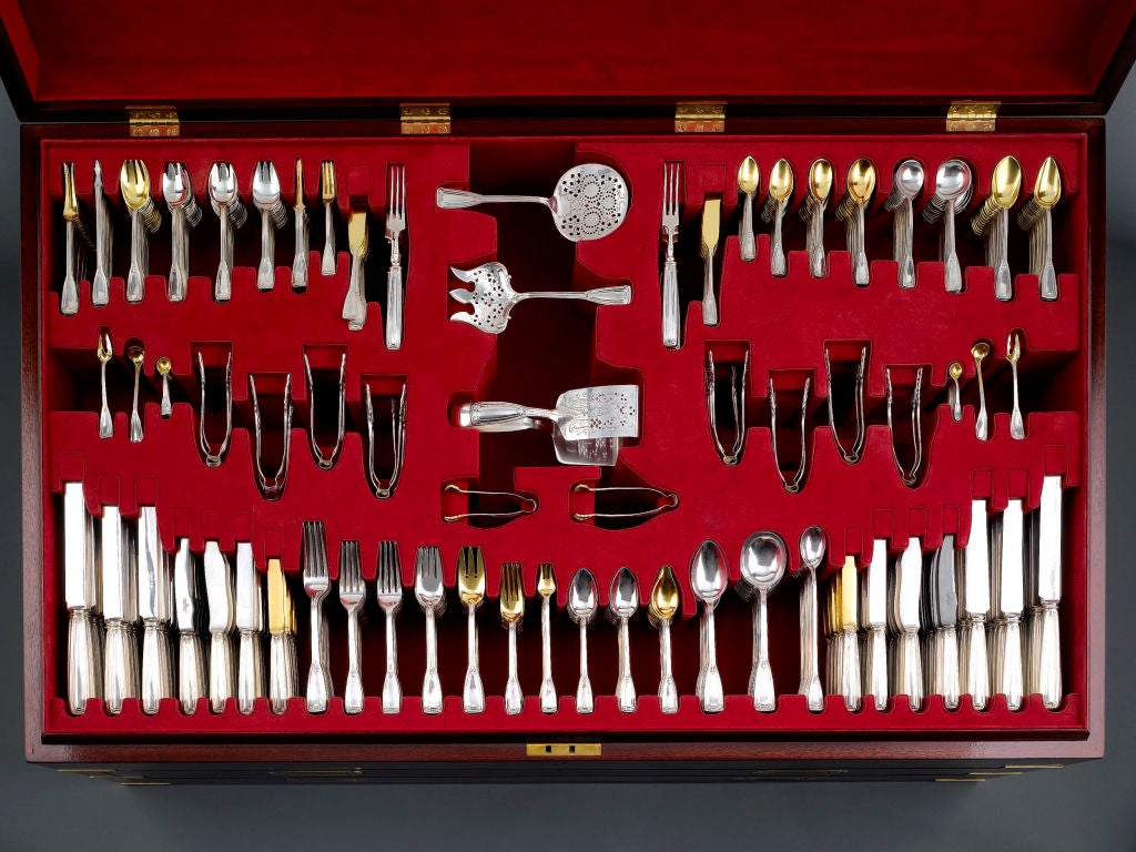 This grand 806-piece sterling silver flatware service for 18 was crafted by Tiffany & Co. in the timeless St. Dunstan pattern. Some of the finest serving pieces ever fashioned in this motif distinguish this set, featuring beautifully pierced and