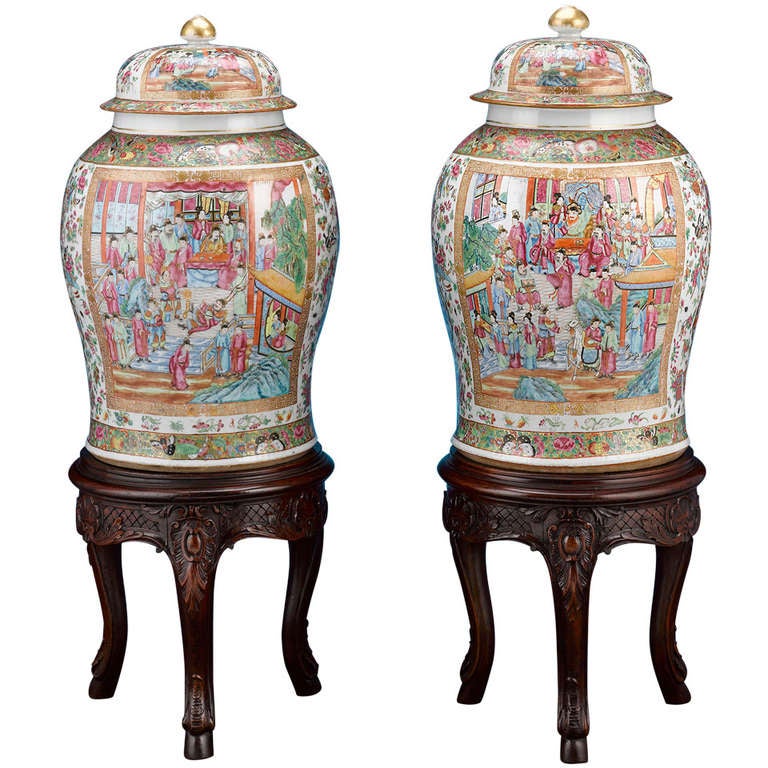 Chinese rose medallion vases on Rococo Revival bases, 19th century, offered by M.S. Rau Antiques