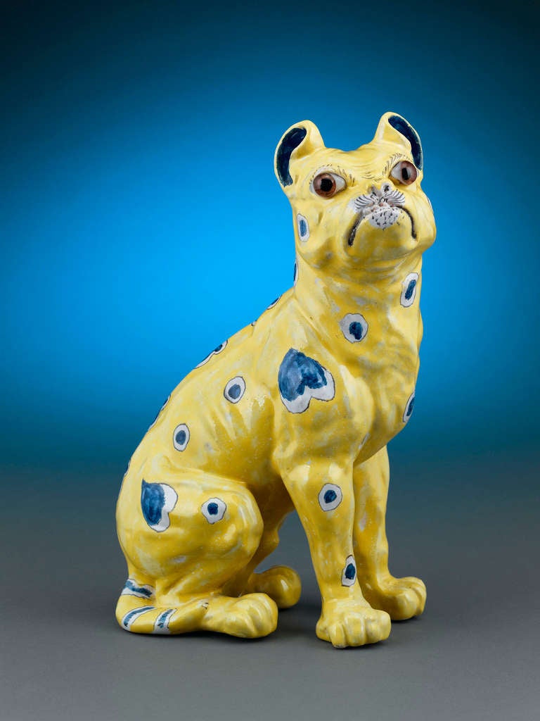 This incredible faïence pottery pug was created by Émile Gallé during the early years of his career. Though he is known best for his famed art glass, Gallé came from a family of potters, and he explored this medium with a wonderful proficiency. The