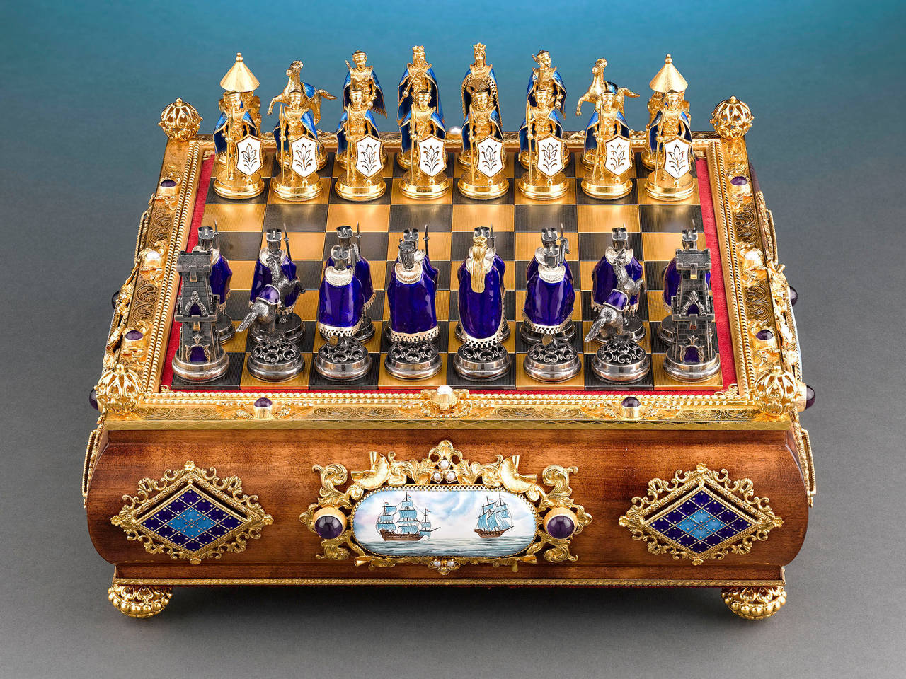 Jeu d'échecs austro-hongrois en argent doré et émail Excellent état à New Orleans, LA