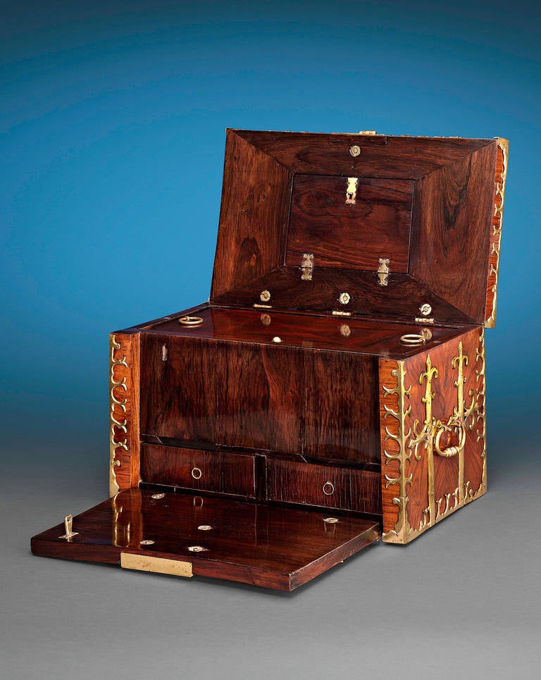 17th Century English Walnut Veneer and Brass Lock Box In Excellent Condition In New Orleans, LA