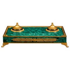 Used Russian Malachite and Bronze Inkwell