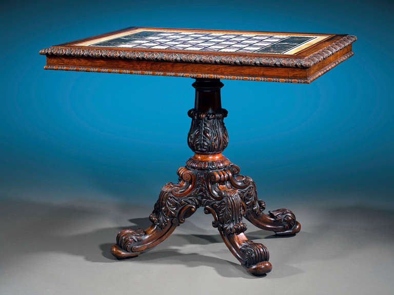 This opulent George IV-era chess table is inlaid with exceptional specimens of Blue John, a rare variety of fluorite found only in Derbyshire, England. Intricately inlayed with beautiful marble, this exquisite surface is inset into the top of a