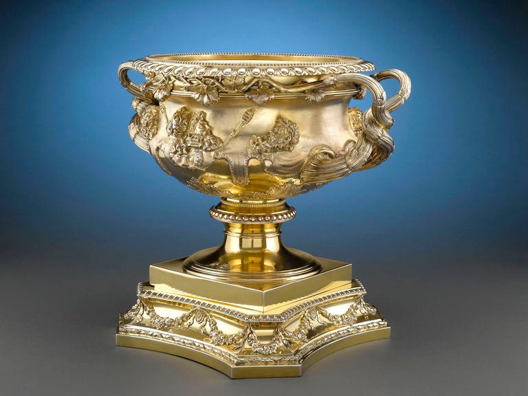This remarkable antique silver gilt Warwick Vase and plinth by the famed Elkington & Co. is believed to have once been owned by Amir Habibullah Khan, the ruler of Afghanistan from 1901 to 1919. One of the most famous designs in classical silver,