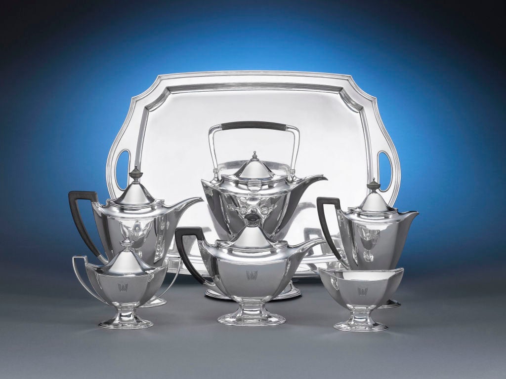 An incredibly rare and important seven-piece silver tea and coffee service by Tiffany & Co. in the company’s highly desirable “Special Hand Work” line. Works marked “Special Hand Work” were created by Tiffany & Co. in response to the success of the