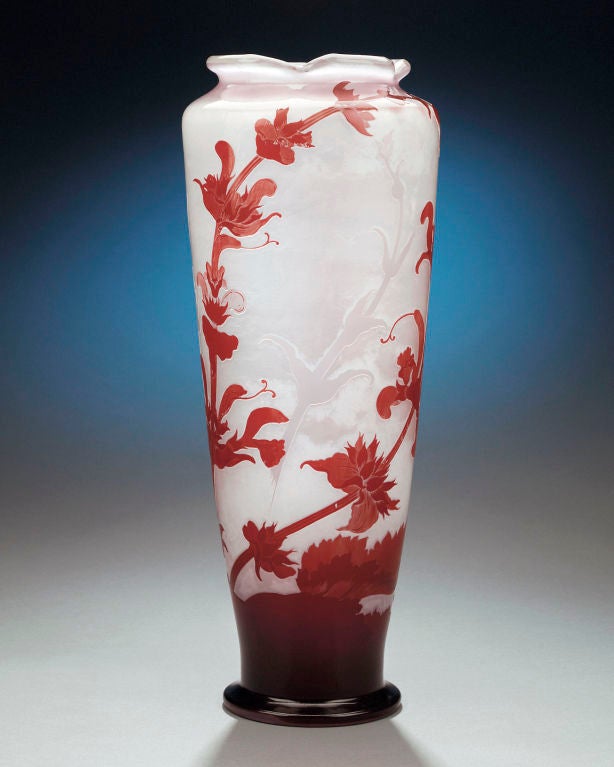 Vibrant blooming flowers adorn this large Gallé cameo glass vase, magnificent in both design and proportion. <br />
<br />
Signed 