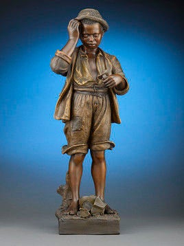 In this rare and evocative terra cotta figure by the famed Goldscheider of Vienna, a young boy laments the loss of a water jug and contemplates the possible consequences. Highly detailed and naturalistic in style, this sculpture perfectly captures