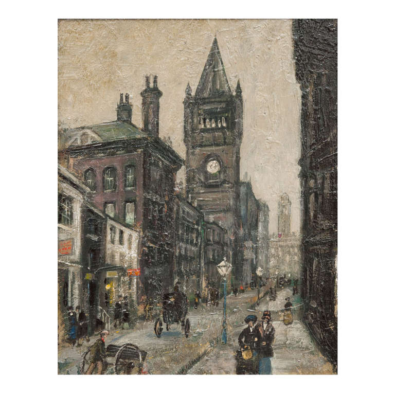 Arthur Delaney oil on board painting of Manchester Cathedral, England