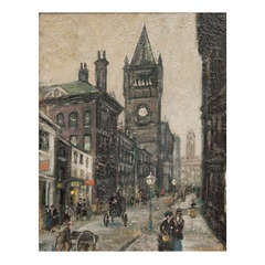 Arthur Delaney oil on board painting of Manchester Cathedral, England circa 1960