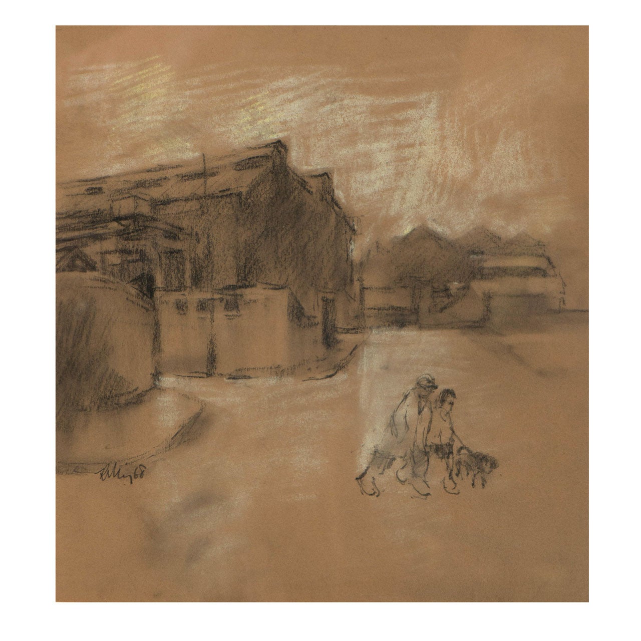 Harold Riley drawing of figures with a dog, England 1968 For Sale