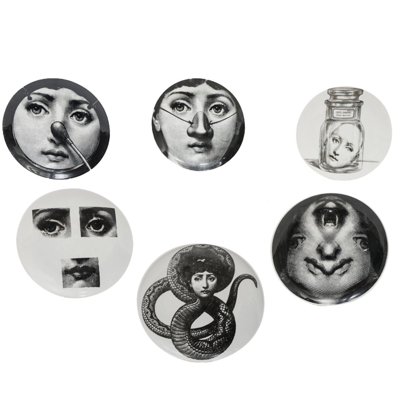 Six "Tema e Variazione" Porcelain plates by Piero Fornasetti.