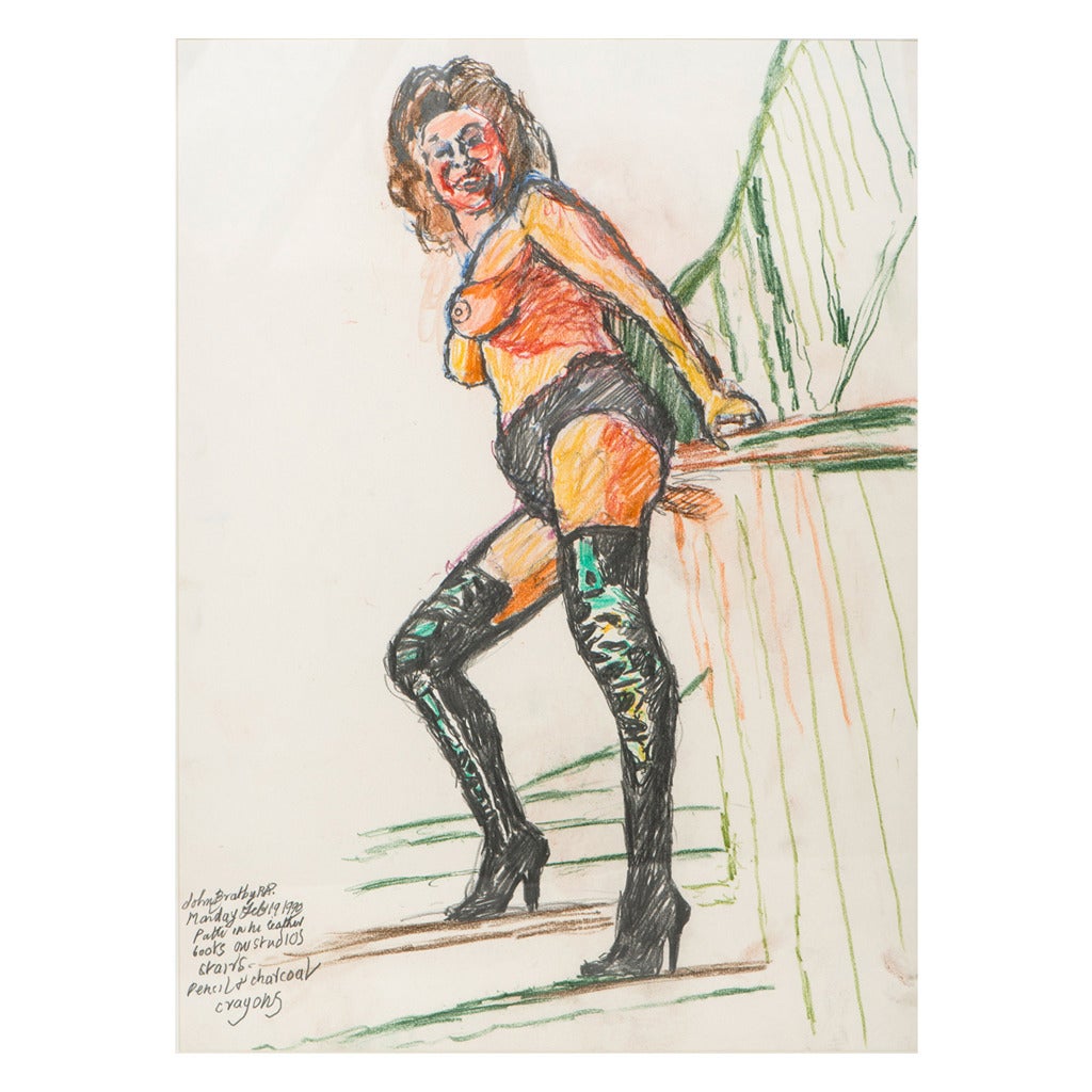 John Bratby pencil and crayon drawing “Patty in Leather Boots”, England 1990 For Sale