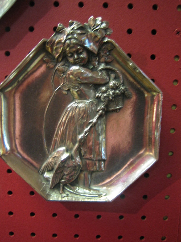 German Pair Of Art Nouveau Silver Plated Wall Plaques