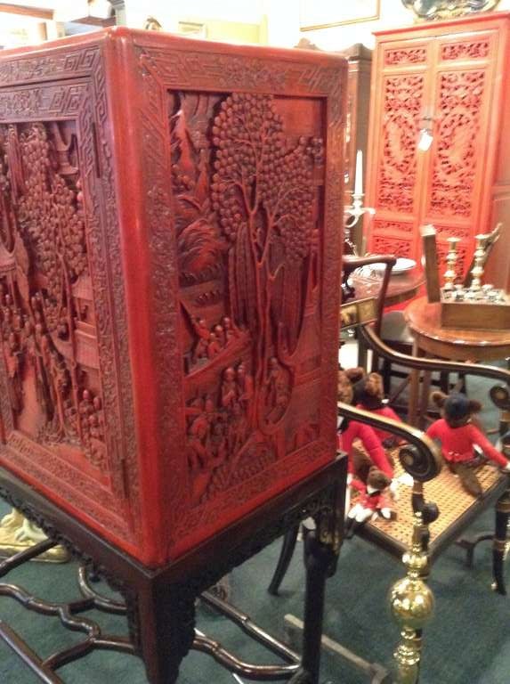 Chinese Red Lacquer Cabinet on Rosewood Stand In Good Condition In Middleburg, VA